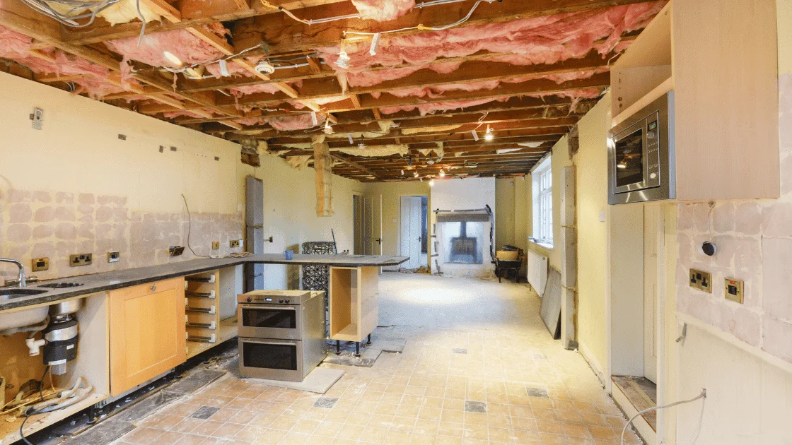 A gutted kitchen after a kitchen demolition job has been completed