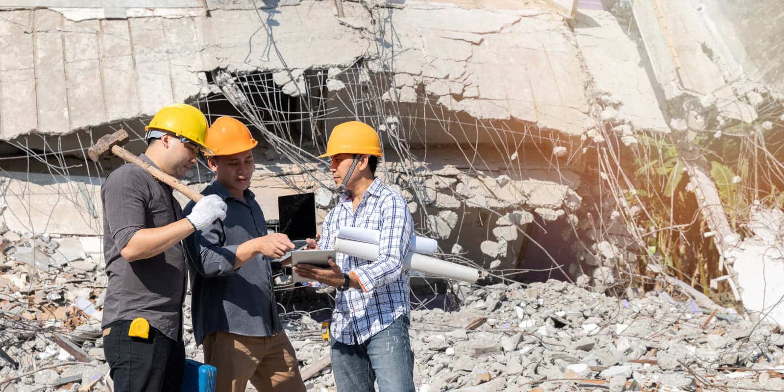 Demolition control supervisor and contractor discussing on demolish building.