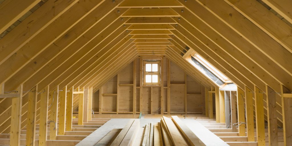 Attic space in newly-built house, ready for conversion. Wiring has been done.