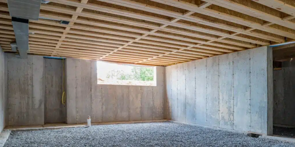 Unfinished basement with concrete walls and wood ceiling.